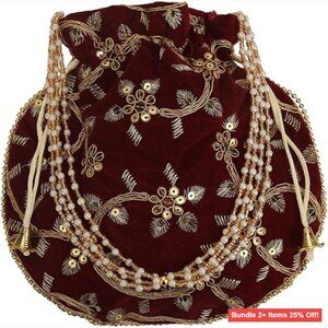 Embroidered Silk Potli Clutch Purse with Pearls Handle for Evening Events